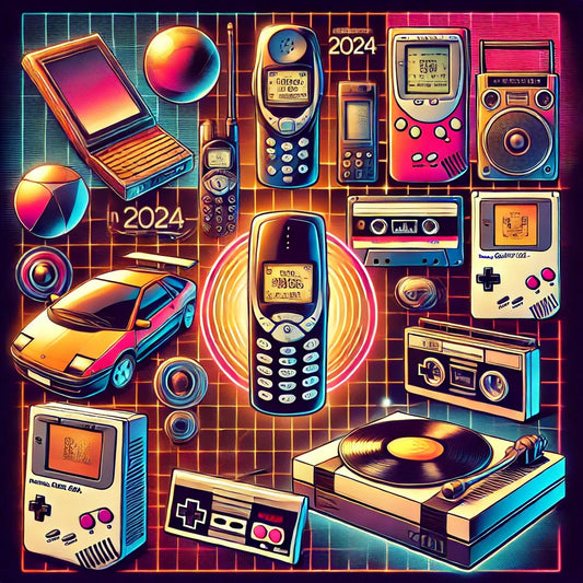 An artistic collage featuring iconic retro gadgets making a comeback in 2024, including the Nokia 3210 phone, Sony Walkman, Game Boy Color, Polaroid camera, and a vinyl turntable. Each item is presented with vibrant neon accents and modernized elements ag