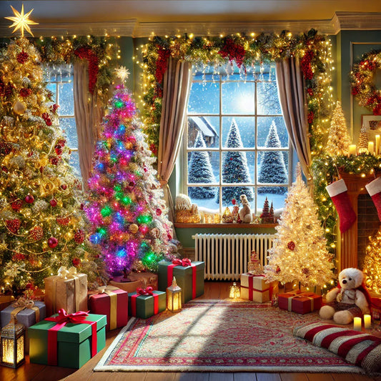 Festive indoor scene with a variety of Christmas trees, including a 7ft pre-lit tree with warm white lights and red berries, a 5ft multicoloured fibre optic tree, and a snow-flocked tree with frosted branches. The room features wrapped presents, golden ga