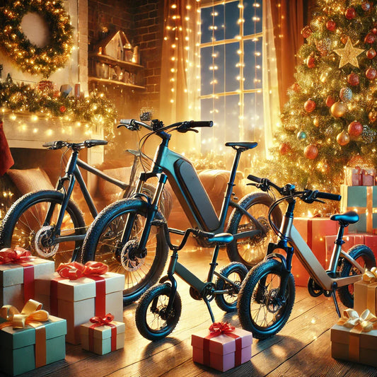 Festive Christmas scene featuring a cozy living room with a decorated Christmas tree, wrapped gifts, and a variety of electric bikes, including city, off-road, and kids' models, adorned with bows and holiday lights, creating a warm and cheerful holiday am