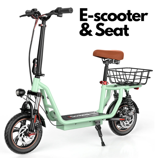 A sleek and modern electric scooter with a seat, featuring a foldable frame for easy storage. The scooter has a brown seat, a black frame, and a rear basket, displayed against a wooden wall background with a serene outdoor view to the right.