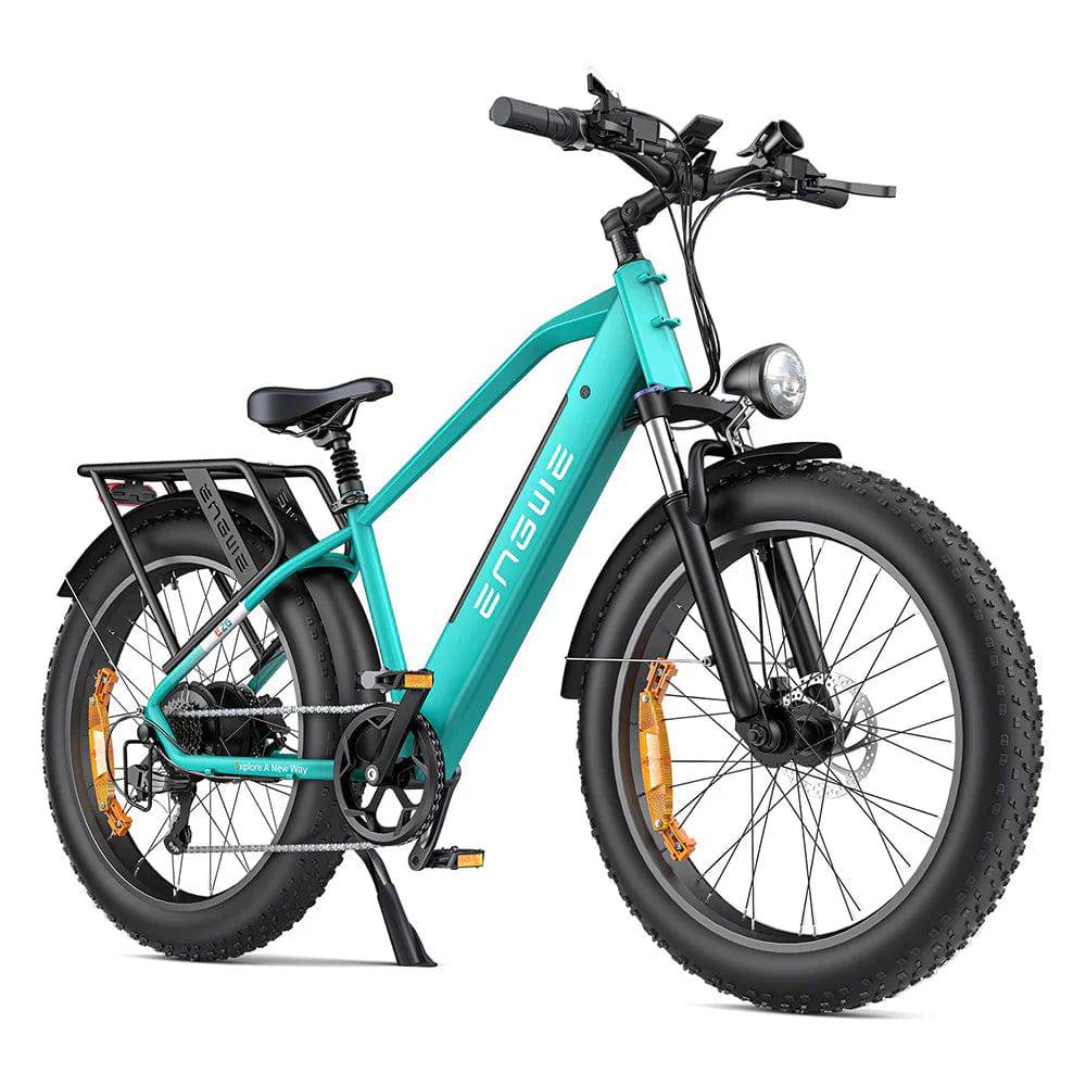 Engwe E26 electric bike with a turquoise frame, fat all-terrain tyres, and integrated front lighting, showcasing a stylish and durable design. Ideal for urban commuting and off-road adventures, this electric bike highlights the innovation and eco-friendly