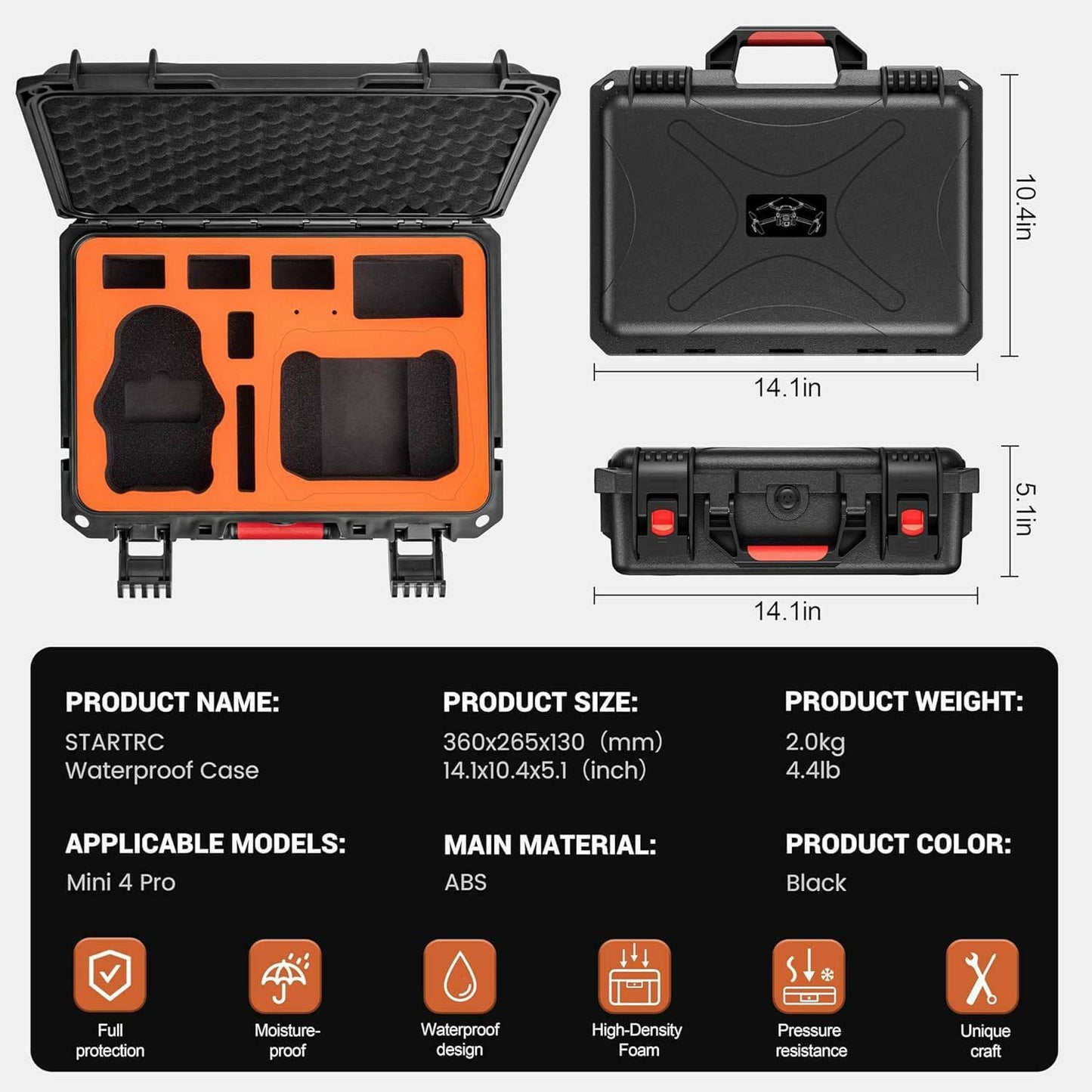 STARTRC Hard Case for DJI Mini 3/mini 3 pro/Mini 4 Pro Flymore combo(Orange foam) - Tech Trove Essentials 