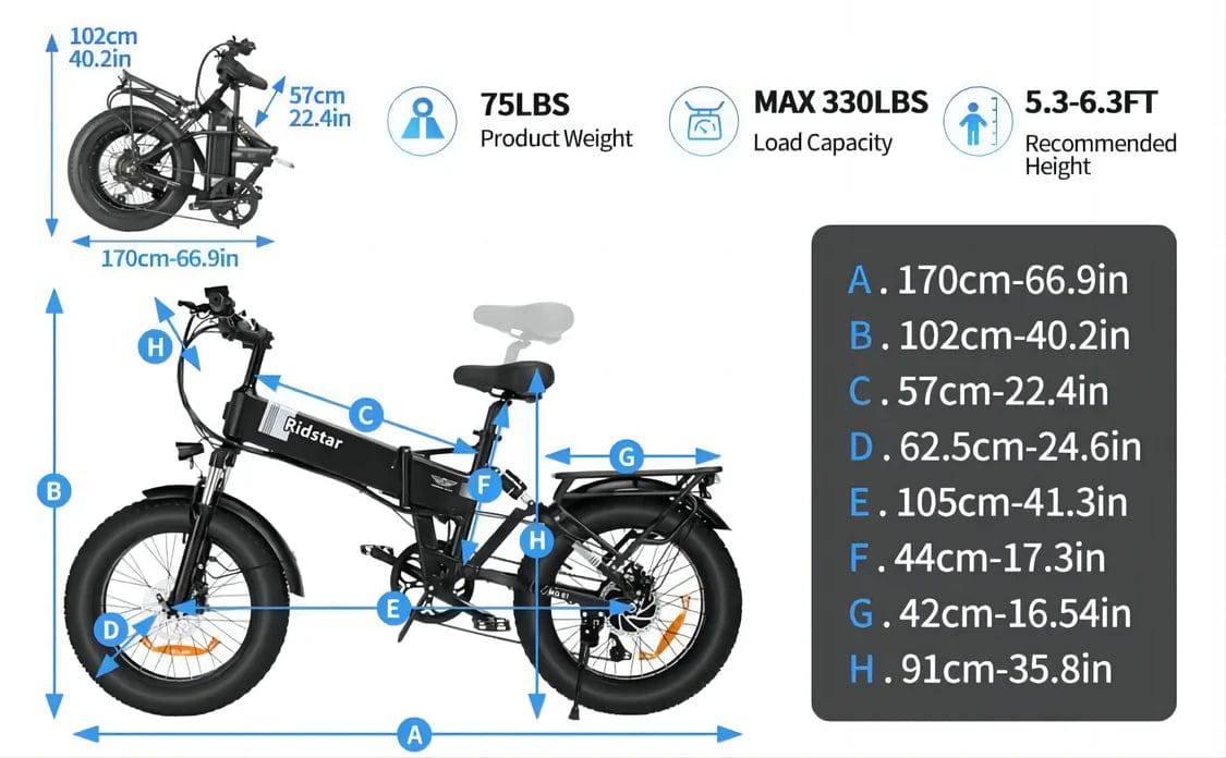 RIDSTAR H20 20" Foldble Electric Bike 1000W Motor - Tech Trove Essentials 