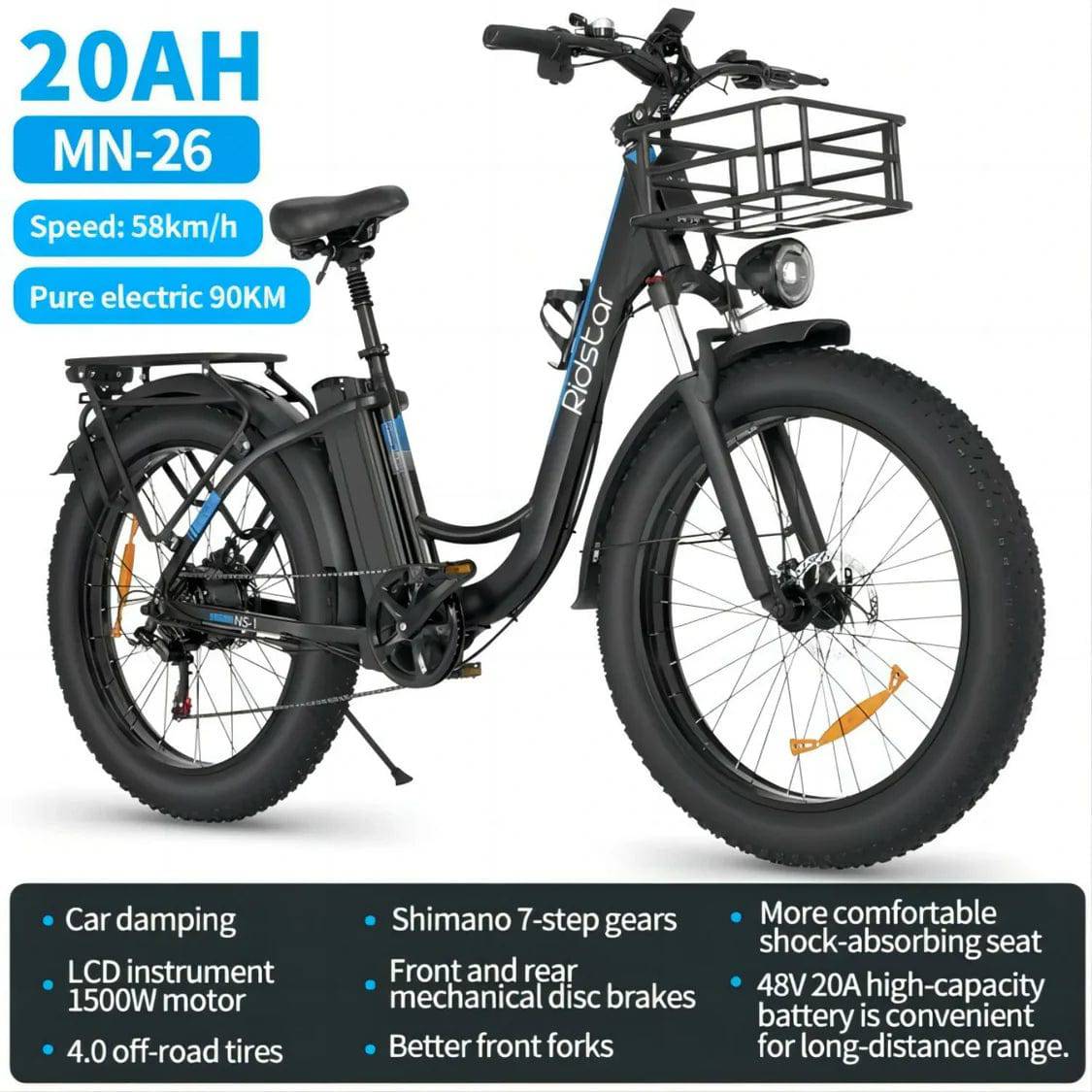 RIDSTAR MN26 26" Fat Tires Electric City Bike 1500W Motor - Tech Trove Essentials 